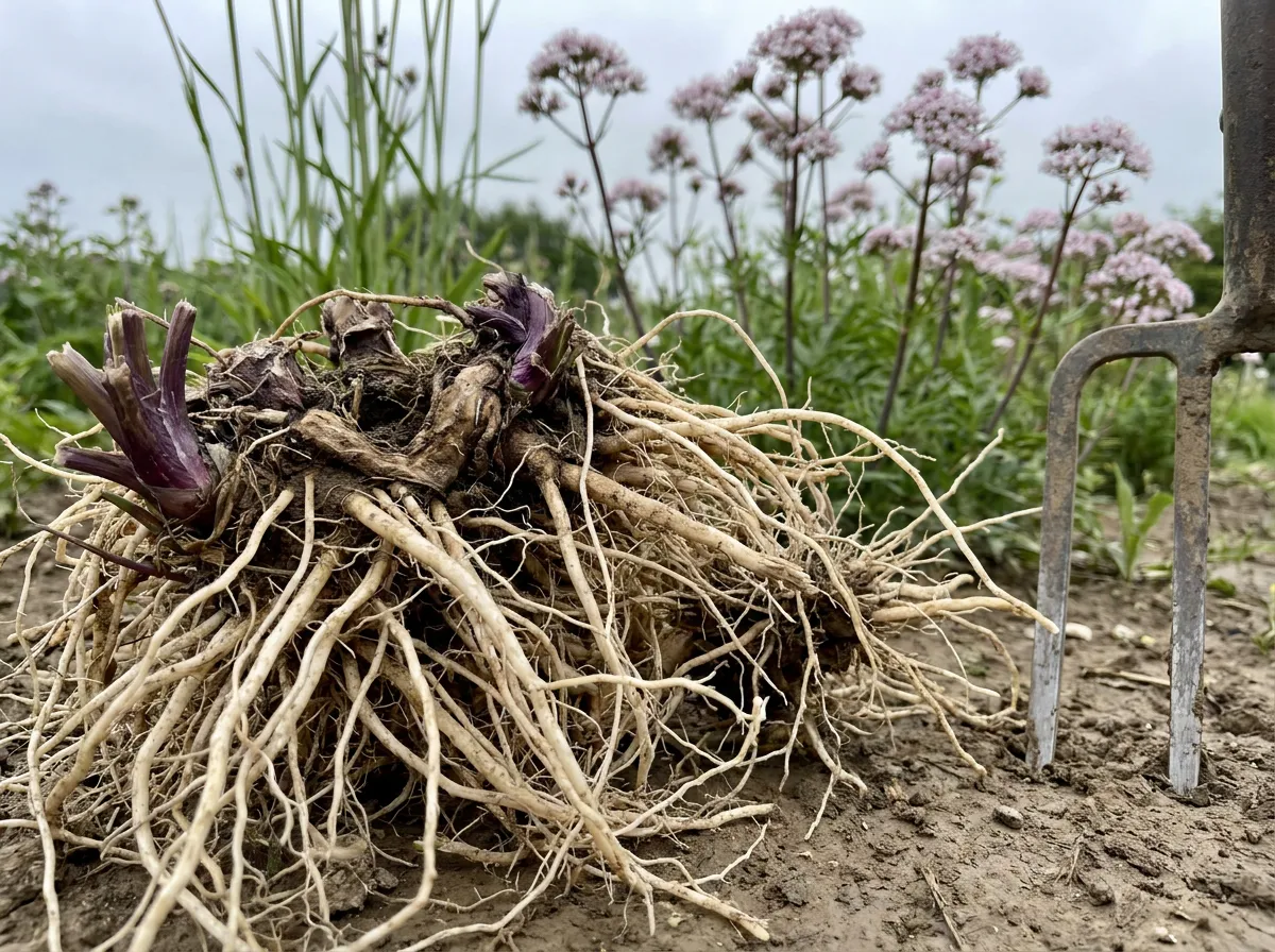 A dense fibrous valerian root mass freshly lifted with a garden fork