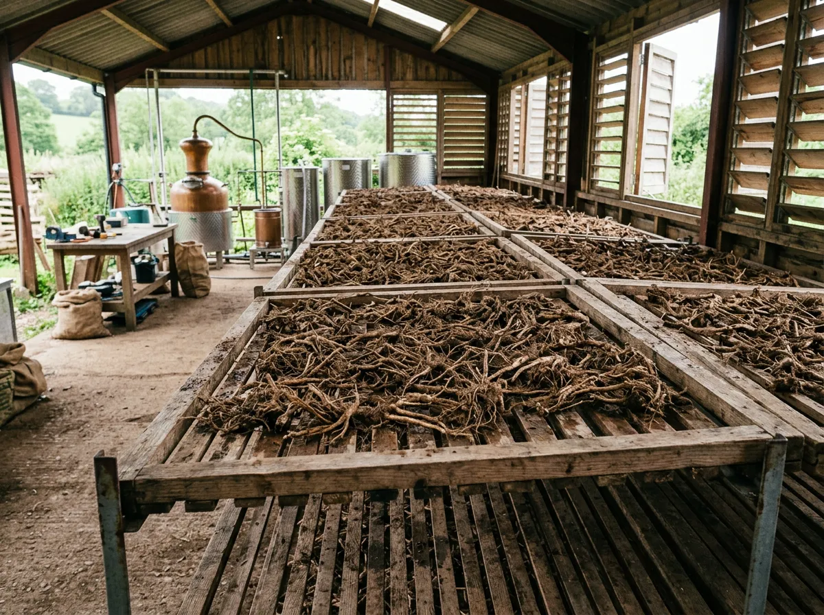 Washed valerian roots spread on slatted drying racks in a shaded airy shed